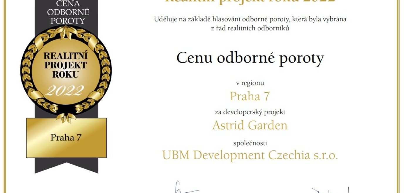 Rezidenční projekt Astrid Garden získal ocenění Realitní projekt roku 2022