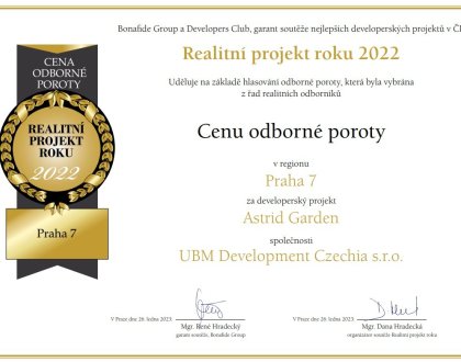 Rezidenční projekt Astrid Garden získal ocenění Realitní projekt roku 2022